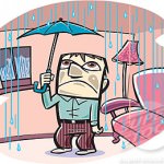 A man holding an umbrella in a leaky house