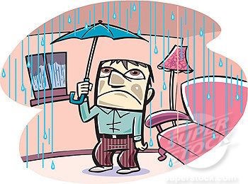 A Man Holding An Umbrella In A Leaky House